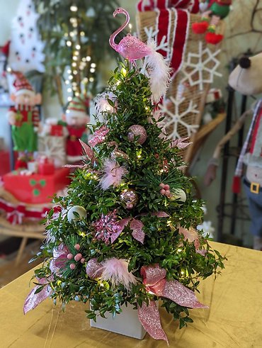 \"Flamingle All the Way\" Holiday Boxwood Tree